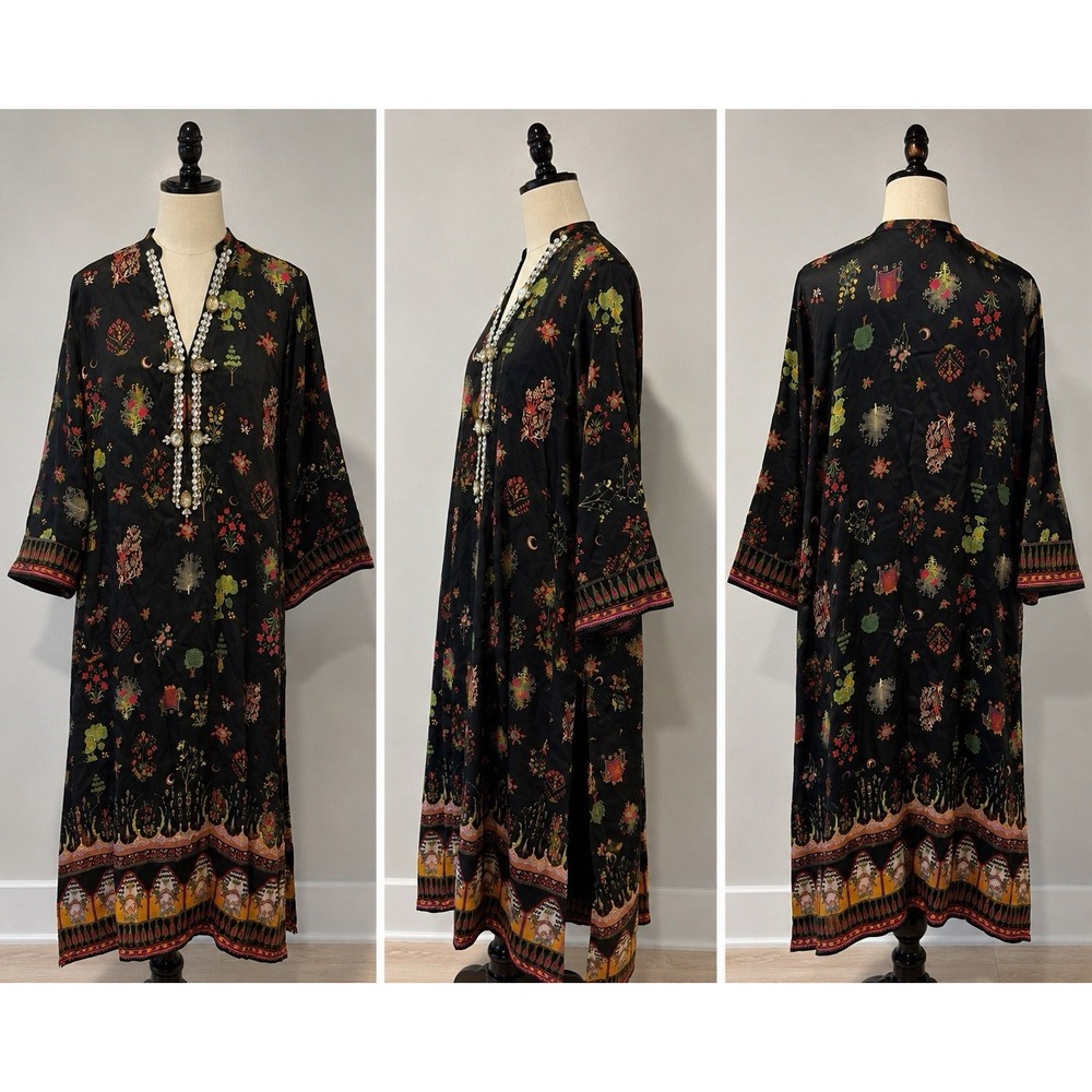Pakistani Designer Black Floral Jeweled Kurta Tunic Dress XL NWT 52" Long A53